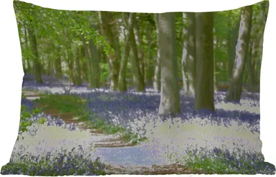 Produktbild von MuchoWow® Outdoor Kissen - Wald - Weg - Blumen - Lila - Grün - Natur - 50x30 cm - Wetterfest - Lounge Kissen - Sofa kissen - Wohnzimmer Dekoration