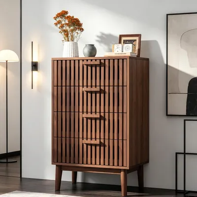 Image de Commode INONEFT avec 4 tiroirs, meuble de rangement doté d'un système anti-basculement et de pieds robustes, meuble de rangement avec tiroirs pour le salon, en noyer
