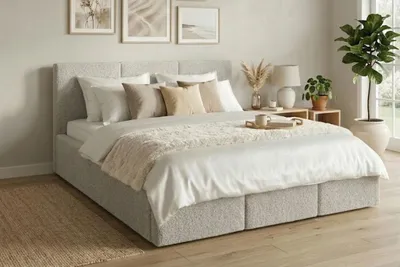 Produktbild von Komvortowy | Polsterbett 120x200 Cm | VELIS BOUCLÉ | Doppelbett Mit Metall-Lattenrost & Gasdruckfeder | GRAU | Bettkasten Ohne Bodenplatte | Stauraumbett | Hochklappbar