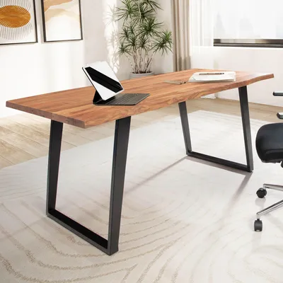 Produktbild von WOHNLING Schreibtisch 200x100x76 cm Akazie Massivholz / Metall Computertisch Baumkante Homeoffice Bürotisch Massiv mit U-Beinen in Schwarz Holztisch