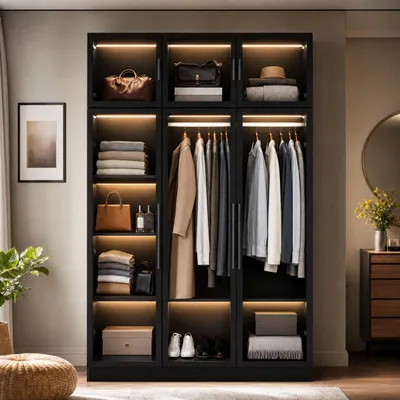 Produktbild von Kleiderschrank mit Glastüren und Beleuchtung, Garderobenschränke, Garderobe, Schwarz, MDF+Glas, 120 × 190 × 49 cm