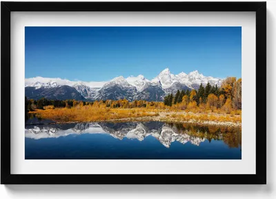 Produktbild von Bergsee und Herbstbäume– Wandbild mit Rahmen – Gerahmtes Bild  – Wanddekoration – 60x40 cm –  Schwarz Rahmen