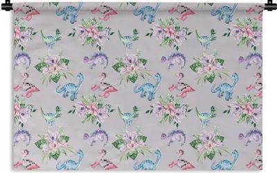 Produktbild von MuchoWow® Wandteppich Wandbehang Kinderzimmer - Dinosaurier - Grau - Mädchen - Kinder - Rosa 150x100 cm Tapisserie Dekoration Wandtuch - Waschbar - Tapisserien - Wand-Decke