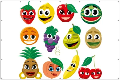 Produktbild von Wallario XXL Outdoor-Poster für Garten oder Balkon, Motiv Obst-Smilies im Comic-Stil - Lustige Früchte, in ca. 300 x 200 cm