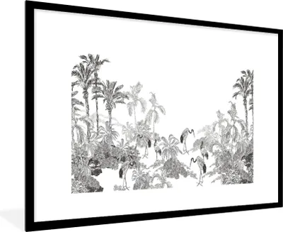 Produktbild von MuchoWow® Gerahmtes Poster Dschungel - Vögel - Schwarz - Weiß 90x60 cm - Poster mit Schwarzem Bilderrahmen Wandposter Rahmen Foto Bilder - Wanddekoration - Fotos