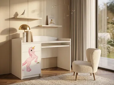 Image de Bureau d'étude pour enfants Happy Babies, blanc, pour enfants et adolescents, dimensions 125x60 cm, avec tiroirs, bureau pour les devoirs, design pour filles et garçons