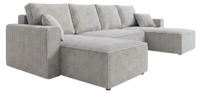 Produktbild von AMBER U Ecksofa U-Form 305x140 cm Cord Schlafsofa Bettkasten Wohnlandschaft links rechts Hell Silbergrau PetFriendly