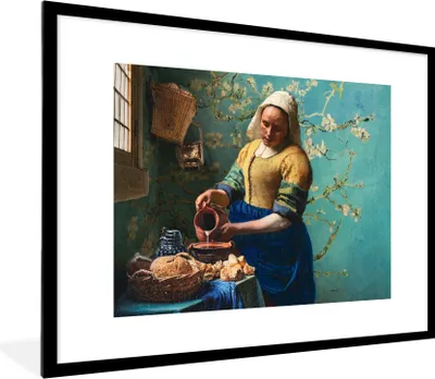 Produktbild von MuchoWow® Gerahmtes Poster Milchmädchen - Mandelblüte - Van Gogh - Vermeer - Gemälde - Alte Meister 80x60 cm - Poster mit Schwarzem Bilderrahmen Wandposter Rahmen Foto Bilder - Schlafzimmer-Dekorationen - Fotoposter