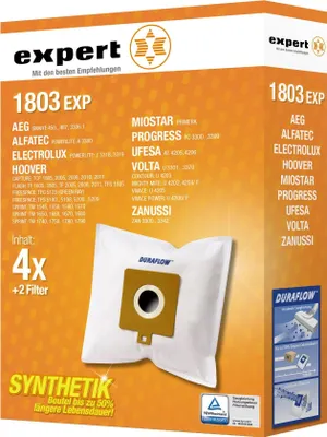 A product box for vacuum cleaner bags, showing the packaging and a sample bag.