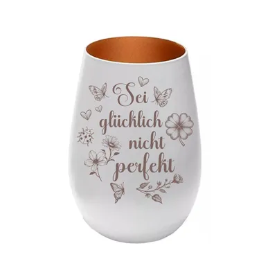 Produktbild von Stölzle Lausitz Windlicht weiß bronze aus Glas mit Lasergravur „Sei glücklich nicht perfekt“, persönliches Geschenk für Freunde, Familie und Partner