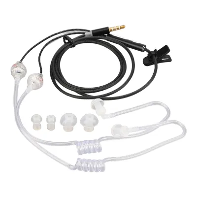A set of air tube earbuds and accessories laid out on a white background.