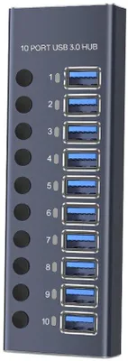 Obrázek produktu pro 10portový rozbočovač USB 3.0 s výkonem 60 W, napájecí adaptér 12 V, 5 A, 10 nezávislých vypínačů s LED indikátory, dokovací stanice USB 3.0.