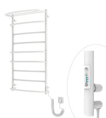 A white electric towel warmer with a thermostat is shown against a white background. A close-up inset shows the thermostat control panel.