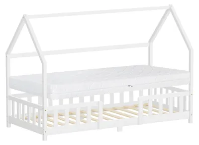 Obrázek produktu pro Dětská postel ML-Design 90 x 200 cm s matrací, výška 16 cm, ochranná střecha proti vypadnutí a rošt, bílá, Montessori postel na podlaze z borového dřeva, domečková postel pro holčičky a kluky