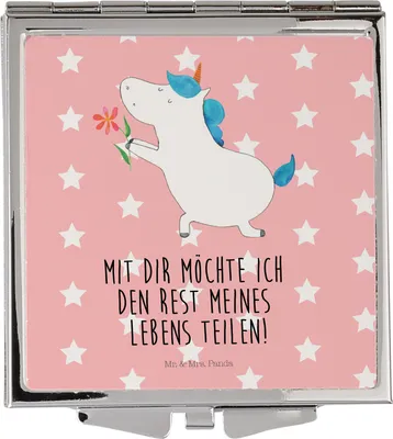 Produktbild von Mr. & Mrs. Panda Schminkspiegel Einhorn Blume - Rot Pastell - Geschenk, Frauen Spiegel, Kosmetikspiegel, klein, Heiratsantrag, Unicorn, Klappspiegel, Einhörner, Ehe