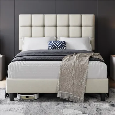 Produktbild von Yaheetech Polsterbett Doppelbett 140x200cm, Bettgestell mit höhenverstellbarem Kopfteil, Bettrahmen mit Lattenrost, Beige