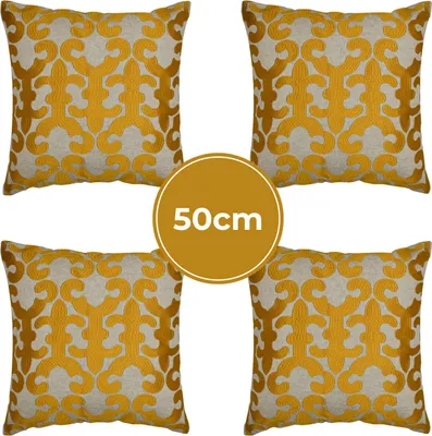 Zdjęcie produktu dla Marrakesh zestaw 4 poduszek poszewka na poduszkę 50x50 cm duża | poduszka na sofę przytulna poduszka z haftowanej bawełny jako dekoracja salonu na fotelu i sofie | poduszka dekoracyjna Kayon Gold jako poduszka na krzesło w jadalni