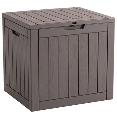 Image de Floordirekt Coffre de jardin aspect bois Coffre à coussins résistant aux intempéries 118 L marron Coffre de rangement pour terrasse, balcon et jardin