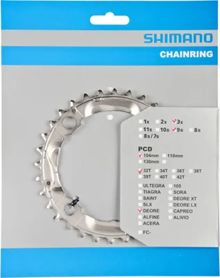 A Shimano chainring is displayed in its retail packaging.
