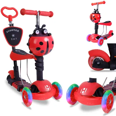 Produktbild von Habib 5-in-1 Kinderroller mit Rückenlehne – Abnehmbarer Sitz, LED-Räder & höhenverstellbarer Lenker. Ideal für 2-8 Jahre: Rot