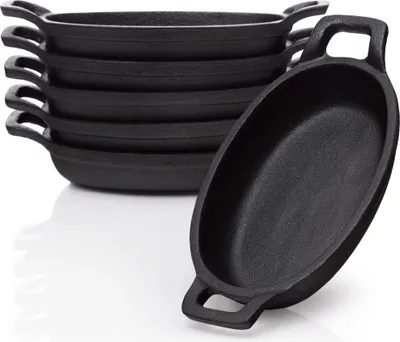 Produktbild von BBQ-Nerd Servierpfännchen aus Gusseisen im 6er Set -  Grillpfännchen - oval 20x9,5 cm - zum Braten Überbacken Grillen Anrichten Servieren - Gusspfännchen für einzelne Portionen
