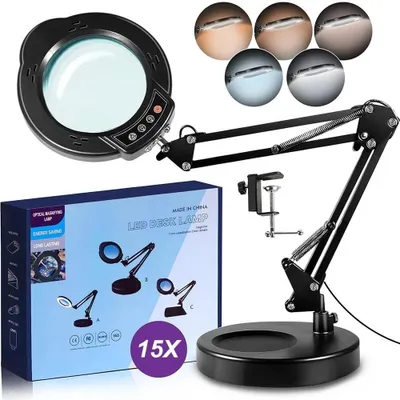 Produktbild von Lupenlampe mit Licht - Tischlupe - 15x Vergrößerung - 84 LED - 5-stufig stufenlos dimmbar - Runder Metall-Standfuß & Klemme - Schwarz