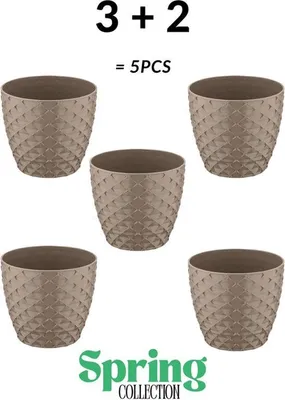 Imagen del producto de 5 macetas redondas color taupe, con orificio de drenaje y bandeja para recoger el agua, aptas para uso interior y exterior
