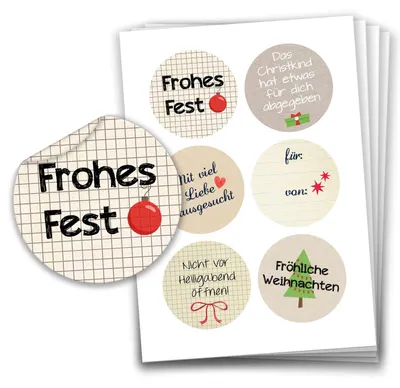 Weihnachtssticker, 24 Stück, 40 mm, Papier, rund, Deko für Geschenke