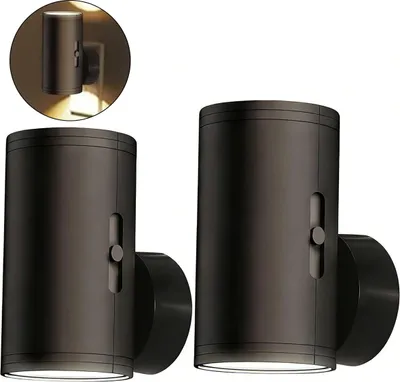 Two cylindrical wall lights are shown against a white background. A circular inset image shows one of the lights mounted on a wall, illuminated.