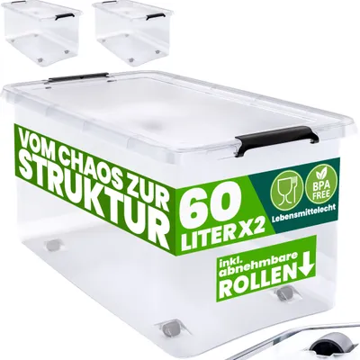 Produktbild von DEUBA® Aufbewahrungsboxen 2 x 60l mit Deckel und Rollen, stapelbar, transparent Kunststoff BPA-frei Klickverschluss, RB60 für Büro, Garage, Waschraum