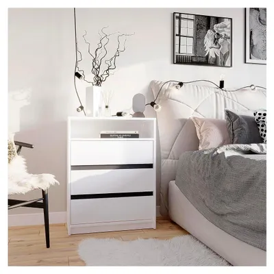 Produktbild von Kommode Weiß mit 3 Schubladen - Schubladenkommode für Schlafzimmer und Wohnzimmer | Sideboard Leon 70 x 37 x 90 cm
