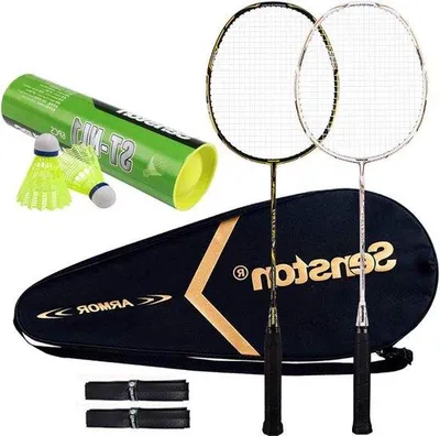 Obrázok produktu pre Sada badmintonových rakiet z uhlia s povrchom Surfgrip, prémiovým ochranným obalom a podložkami