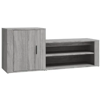 A gray wooden shoe cabinet with a single door on the left and open shelves on the right, presented against a white background.