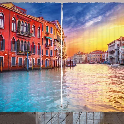 Produktbild von ARANDE Italienisch Gardine, Europäischer magischer Venedig-Kanal mit historischer Gebäude-berühmter Stadtlandschaft, 280 x 260 cm, Blau und Orange