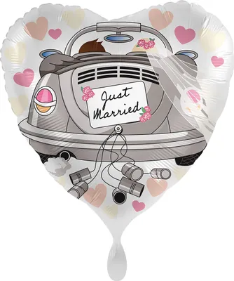 Produktbild von Romantischer Folienballon Herzform mit Hochzeitsauto und bunten Herzen Ø 43 cm