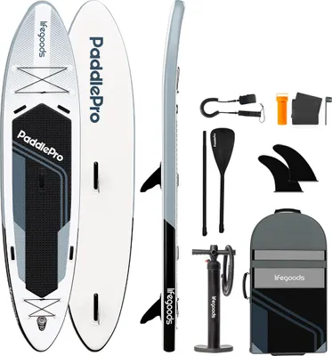Produktbild von LifeGoods SUP Board Tandem - 2 Personen - 220 KG Tragkraft - 381 x 86 cm - Aufblasbar - Komplettes SUP Paket - Weiß/Schwarz