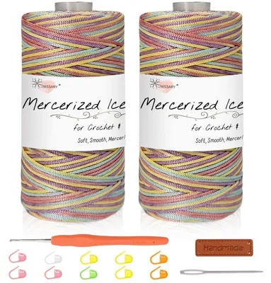 Image de Fil de crochet en macramé, 1,5 mm, lot de 2 pelotes de 100 g, avec un crochet de 2,5 mm et des accessoires pour sacs et travaux de tricot d'été. Texture soyeuse et fraîche, en polyester, coloris arc-en-ciel