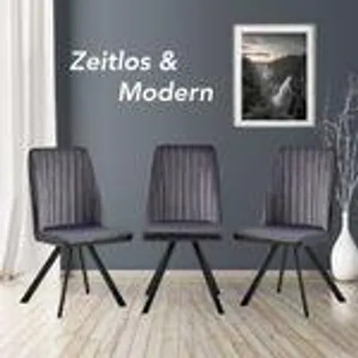 Produktbild von Esszimmerstühle  Küchenstuhl Polsterstuhl Design Stuhl mit Rückenlehne, mit Sitzfläche aus Samt, Gestell aus Metall , Menge:3 St.;Farbe:Dunkelgrau / Schwarz