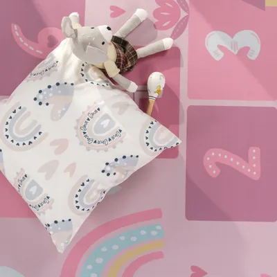 Produktbild von Kinderteppich waschmaschinenwaschbar Prinzessinnen‑Hüpfkästchen‑Muster Kinderzimmer schmutzabweisend Pink Quadrat 200S | 100% Polyester | pflegeleicht