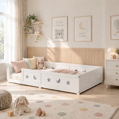 Productafbeelding van INONEFT Babybed met bodem, 90x200 cm, kinderbed met valbeveiliging, deurkozijn met sterren- en maanmotieven, peuterbed, Montessori-bed, zonder matras, wit