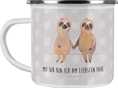 Produktbild von Mr. & Mrs. Panda Teetasse Faultier Pärchen - Grau Pastell - Geschenk, blechbecher, Pott, Haferl, Liebe, Kaffeepott, Liebespaar, Emaille Tasse, Faultiere