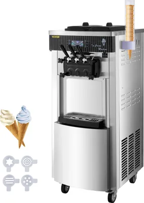 A commercial soft-serve ice cream machine with various accessories shown.