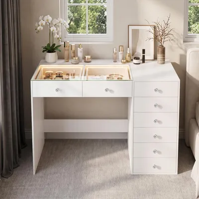 Image de VANITII Coiffeuse avec éclairage LED 8 Tiroirs Blanc 120 x 55 x 81 cm