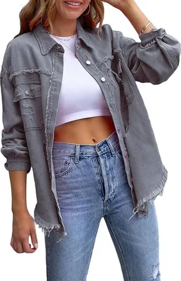 Obrázek produktu pro ASKSA Dámská džínová bunda roztrhaná Vintage džínové bundy Casual Boyfriend džínové bundy, šedá, M