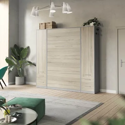 Produktbild von SMARTBett Wohnwand Set mit Schrankbett Standard 140x200 Vertikal + 2 x 50-Schränke Beton/Eiche Sonoma