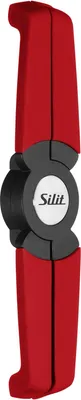 A red, foldable pot stand with a black central hinge and a silver Silit logo.
