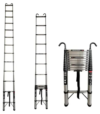 Produktbild von Teleskopleiter 5M Edelstahl Verlängerungsleiter mit Stabilisator und abnehmbaren Haken, 15 Stufen, Max. Last 150kg, EN131