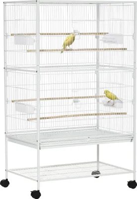 Produktbild von PawHut Vogelkäfig mit Rädern, Metallvoliere mit abnehmbarem Tablett, 4 Türen, 4 Futterhäuschen, 4 Sitzstangen und Lagerregal, Käfig für Kanariensittiche, 78 x 52 x 132 cm, Weiß