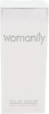 A white box with the word "womanity" in silver lettering.