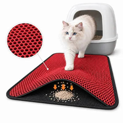 Produktbild von Blue Eyes Katzenklo Matte, Katzenmatte 40x60 cm, Katzenstreu Vorleger Unterleger Waben Design wasserdichte Doppelte Schichte Entwurf Bienenwabe (Rot)
